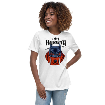 Funny Happy Halloween Dachshund wearing mask women’s white t-shirt by Dog Artistry.