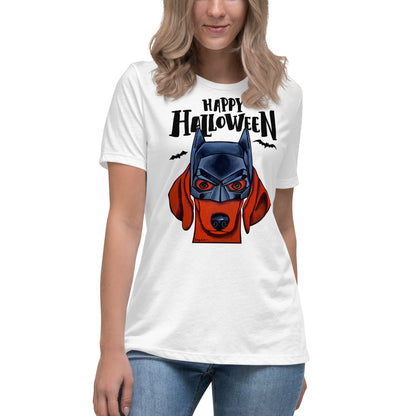 Funny Happy Halloween Dachshund wearing mask women’s white t-shirt by Dog Artistry.