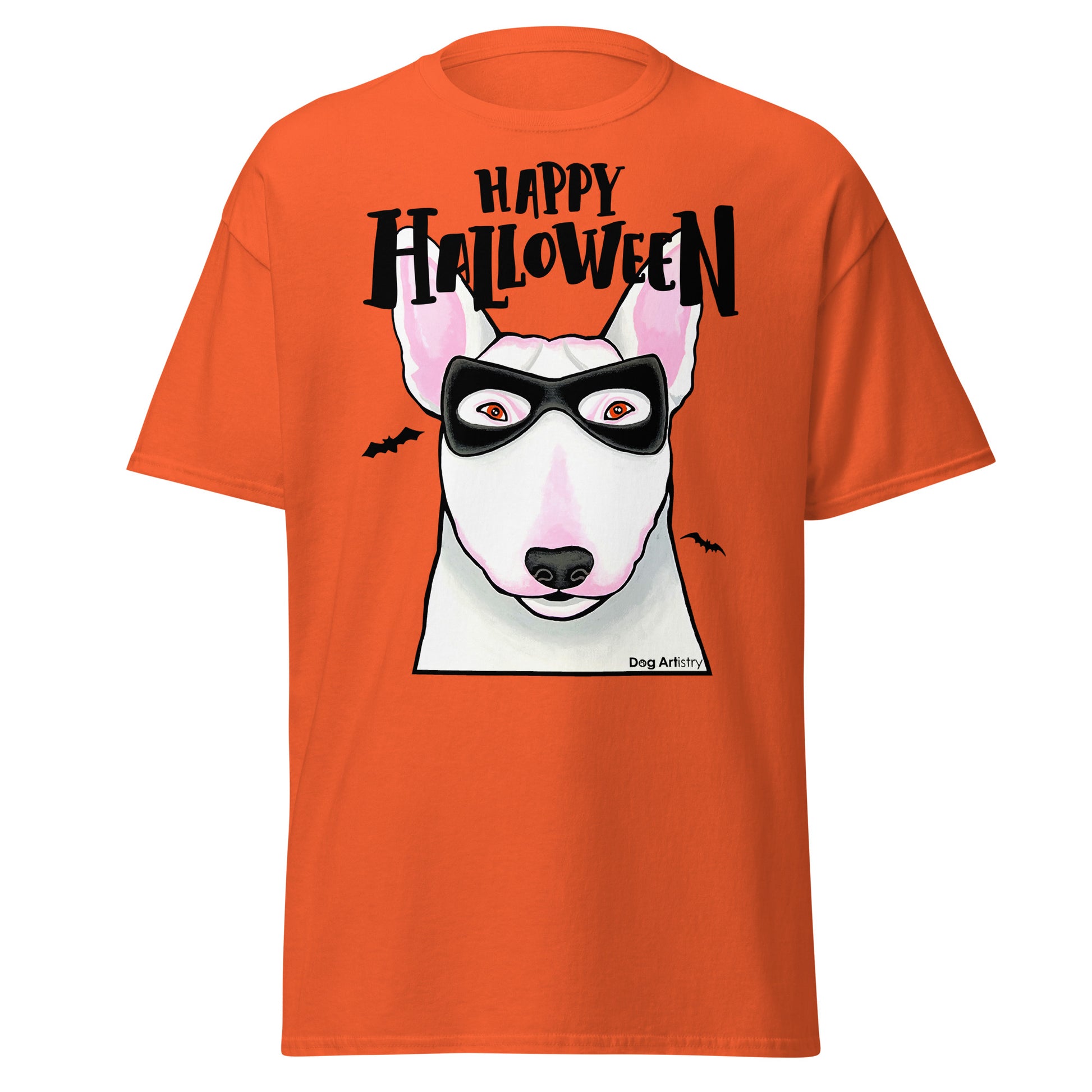 Funny Happy Halloween English Bull Terrier wearing mask men’s orange t-shirt by Dog Artistry.