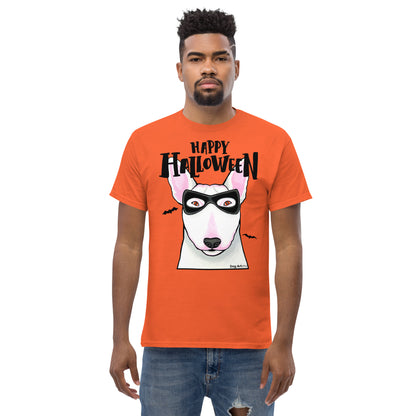 Funny Happy Halloween English Bull Terrier wearing mask men’s orange t-shirt by Dog Artistry.