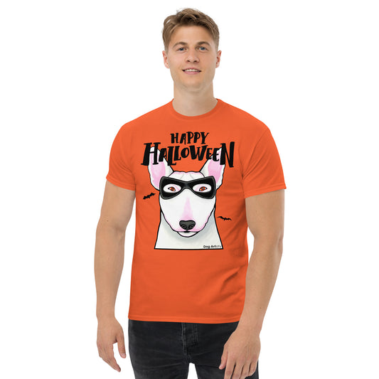 Funny Happy Halloween English Bull Terrier wearing mask men’s orange t-shirt by Dog Artistry.
