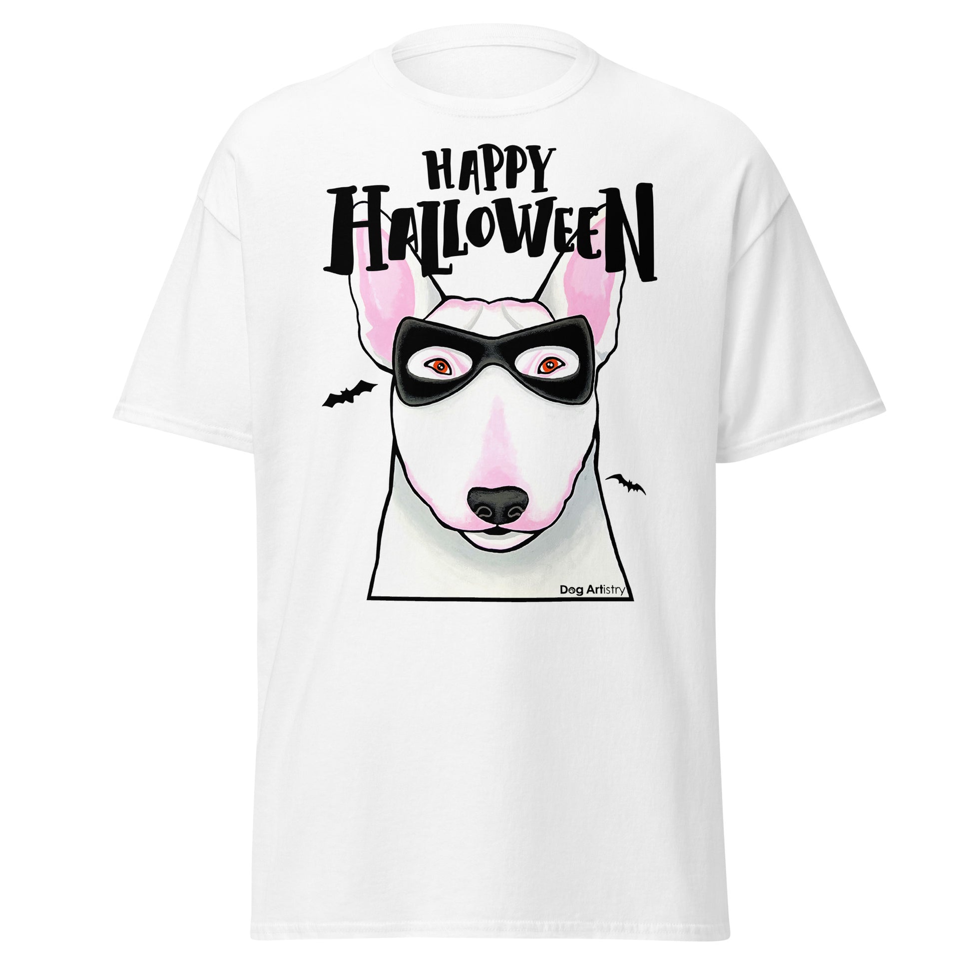 Funny Happy Halloween English Bull Terrier wearing mask men’s white t-shirt by Dog Artistry.