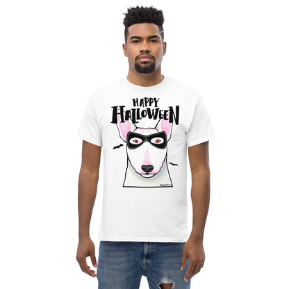 Funny Happy Halloween English Bull Terrier wearing mask men’s white t-shirt by Dog Artistry.