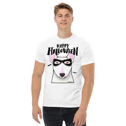 Funny Happy Halloween English Bull Terrier wearing mask men’s white t-shirt by Dog Artistry.