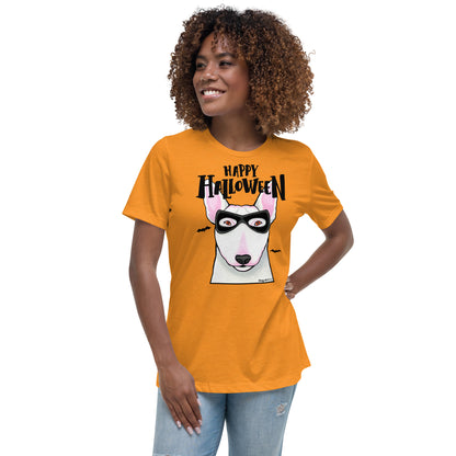 Funny Happy Halloween English Bull Terrier wearing mask women’s marmalade t-shirt by Dog Artistry.