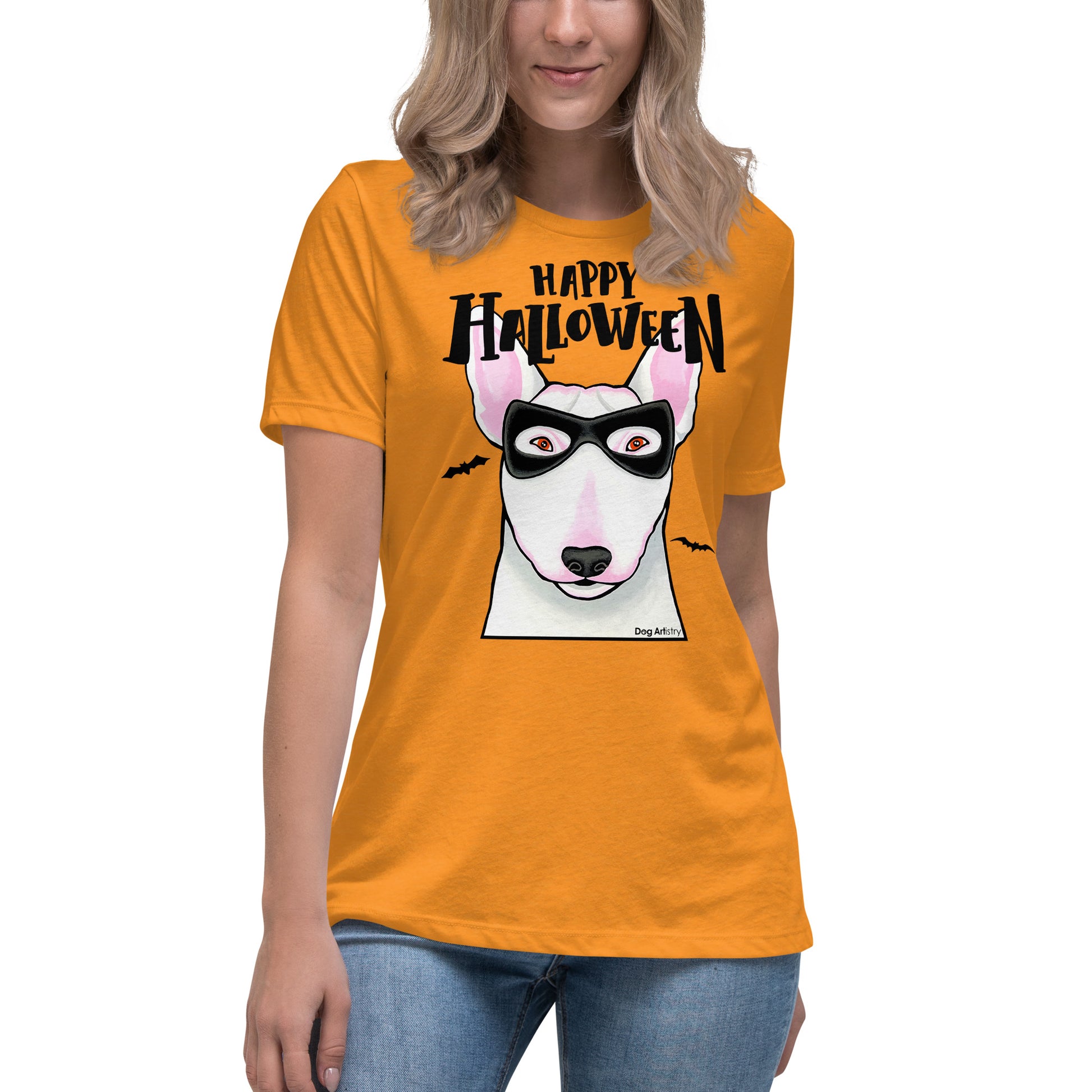 Funny Happy Halloween English Bull Terrier wearing mask women’s marmalade t-shirt by Dog Artistry.