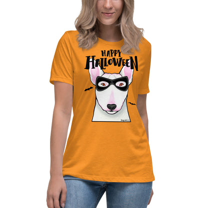 Funny Happy Halloween English Bull Terrier wearing mask women’s marmalade t-shirt by Dog Artistry.