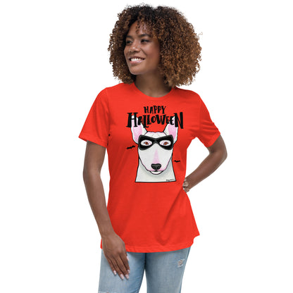 Funny Happy Halloween English Bull Terrier wearing mask women’s poppy t-shirt by Dog Artistry.