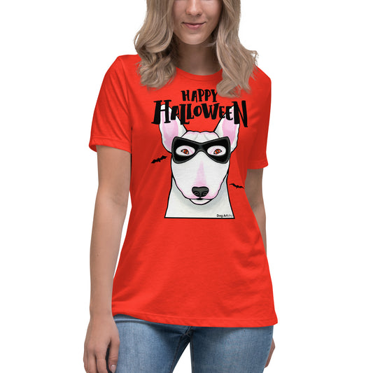 Funny Happy Halloween English Bull Terrier wearing mask women’s poppy t-shirt by Dog Artistry.