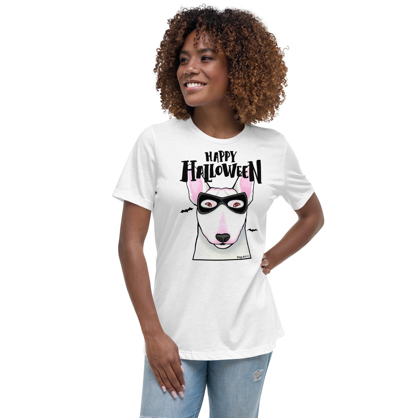 Funny Happy Halloween English Bull Terrier wearing mask women’s white t-shirt by Dog Artistry.