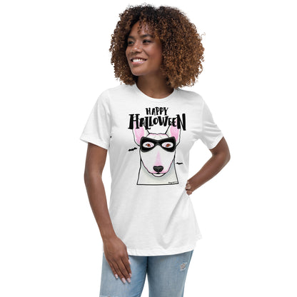 Funny Happy Halloween English Bull Terrier wearing mask women’s white t-shirt by Dog Artistry.