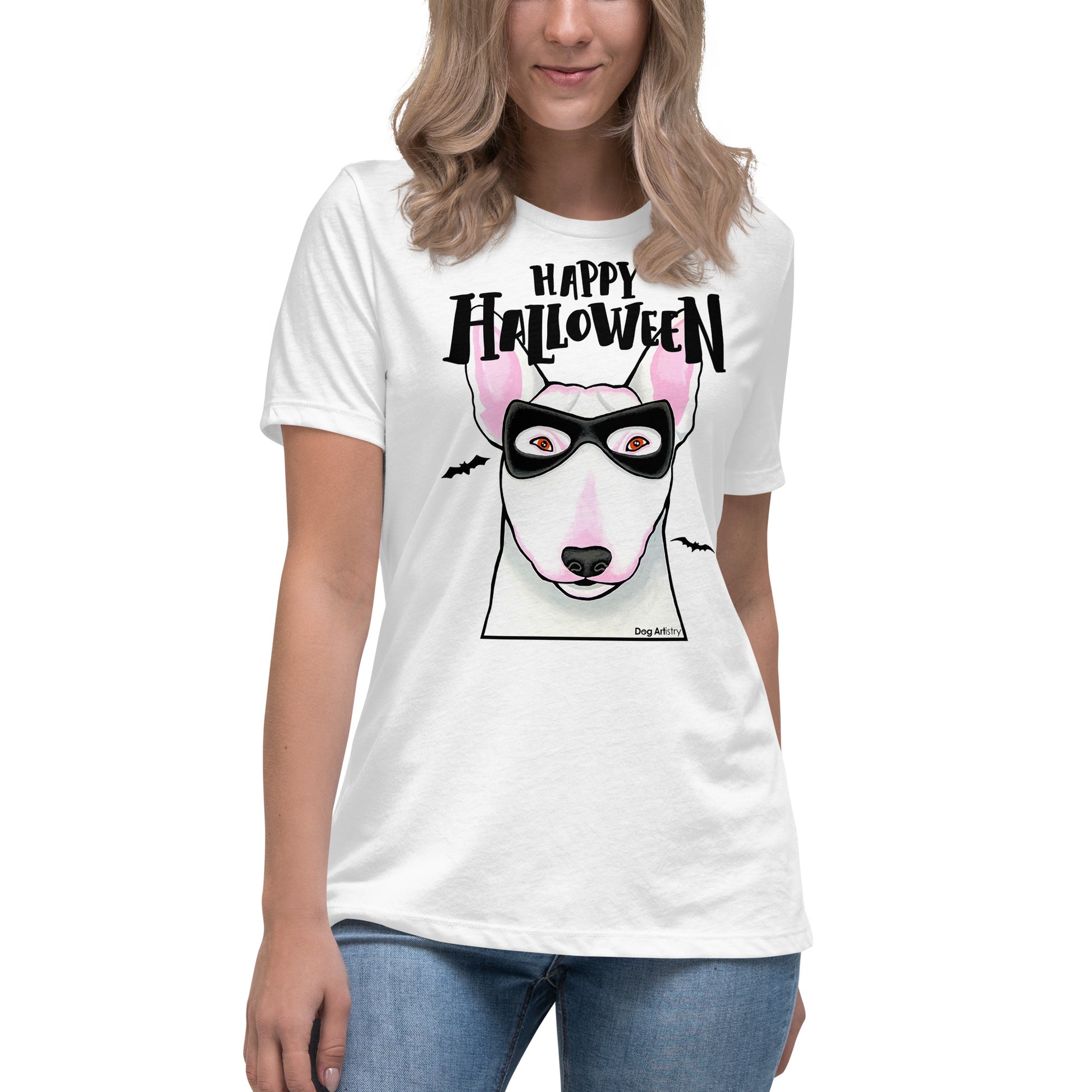 Funny Happy Halloween English Bull Terrier wearing mask women’s white t-shirt by Dog Artistry.