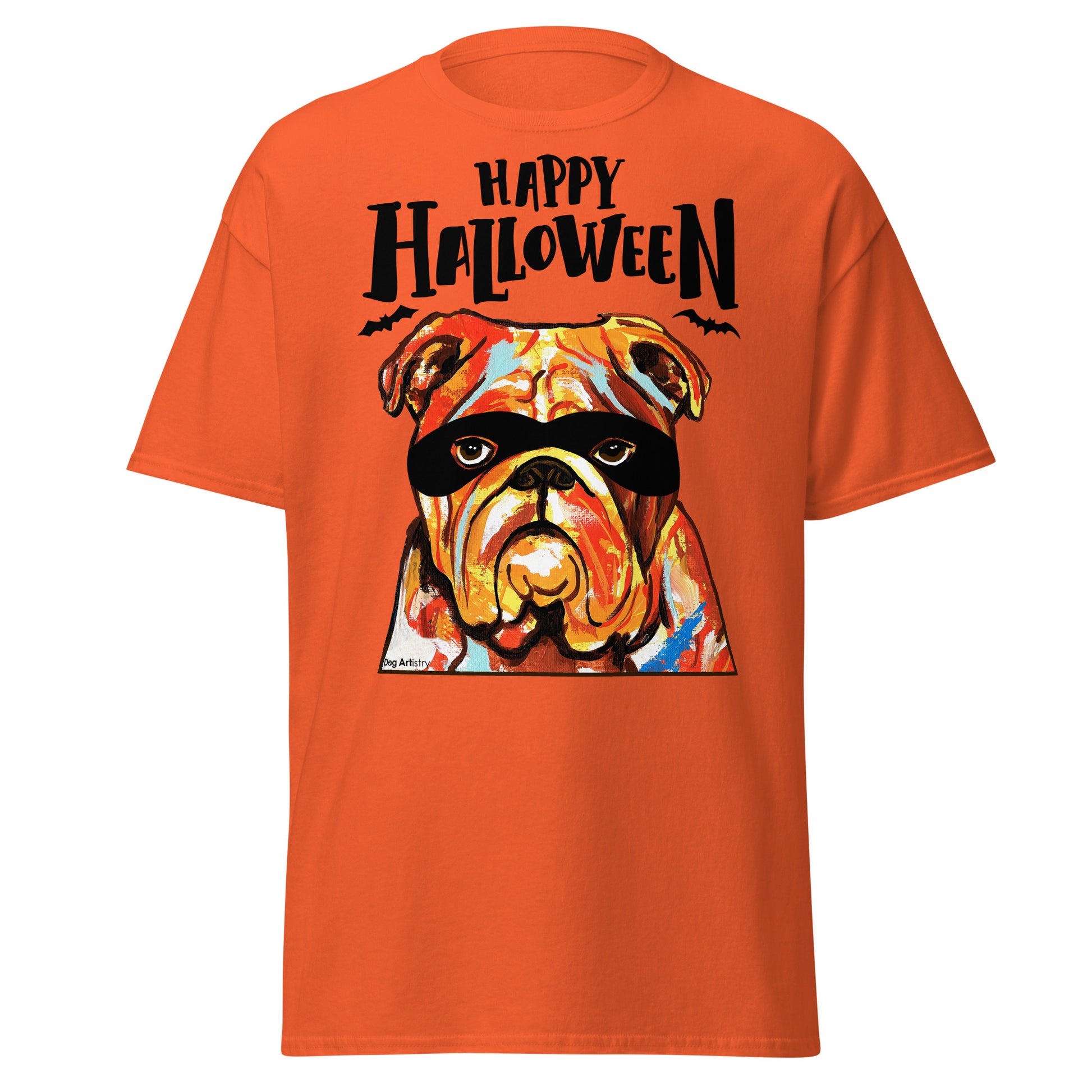 Funny Happy English Bulldog wearing mask men’s orange t-shirt by Dog Artistry.