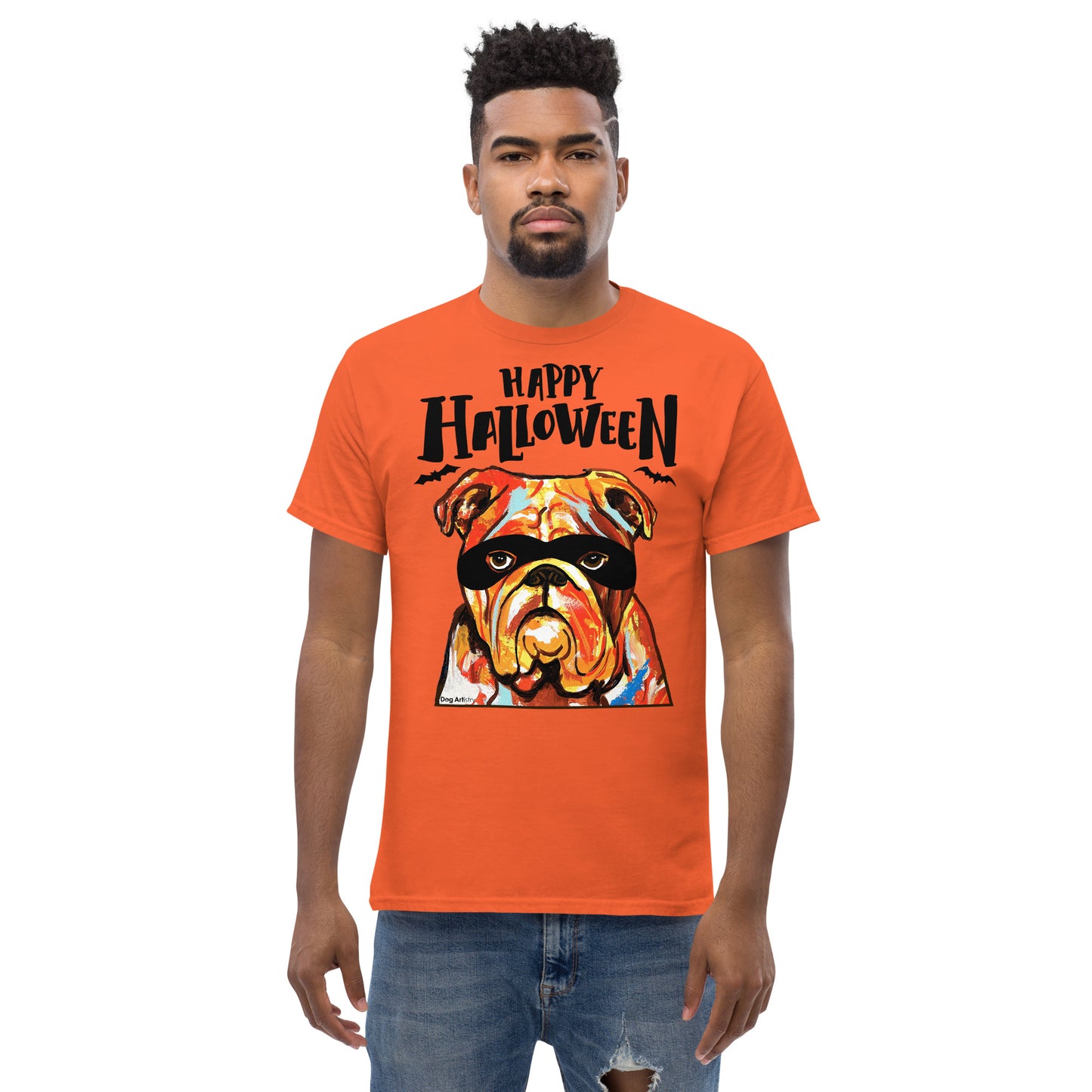 Funny Happy English Bulldog wearing mask men’s orange t-shirt by Dog Artistry.