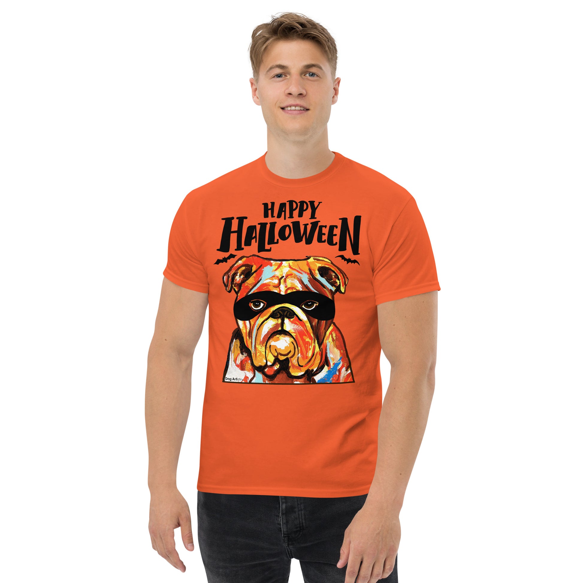 Funny Happy English Bulldog wearing mask men’s orange t-shirt by Dog Artistry.