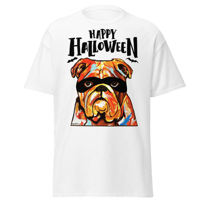 Funny Happy English Bulldog wearing mask men’s white t-shirt by Dog Artistry.