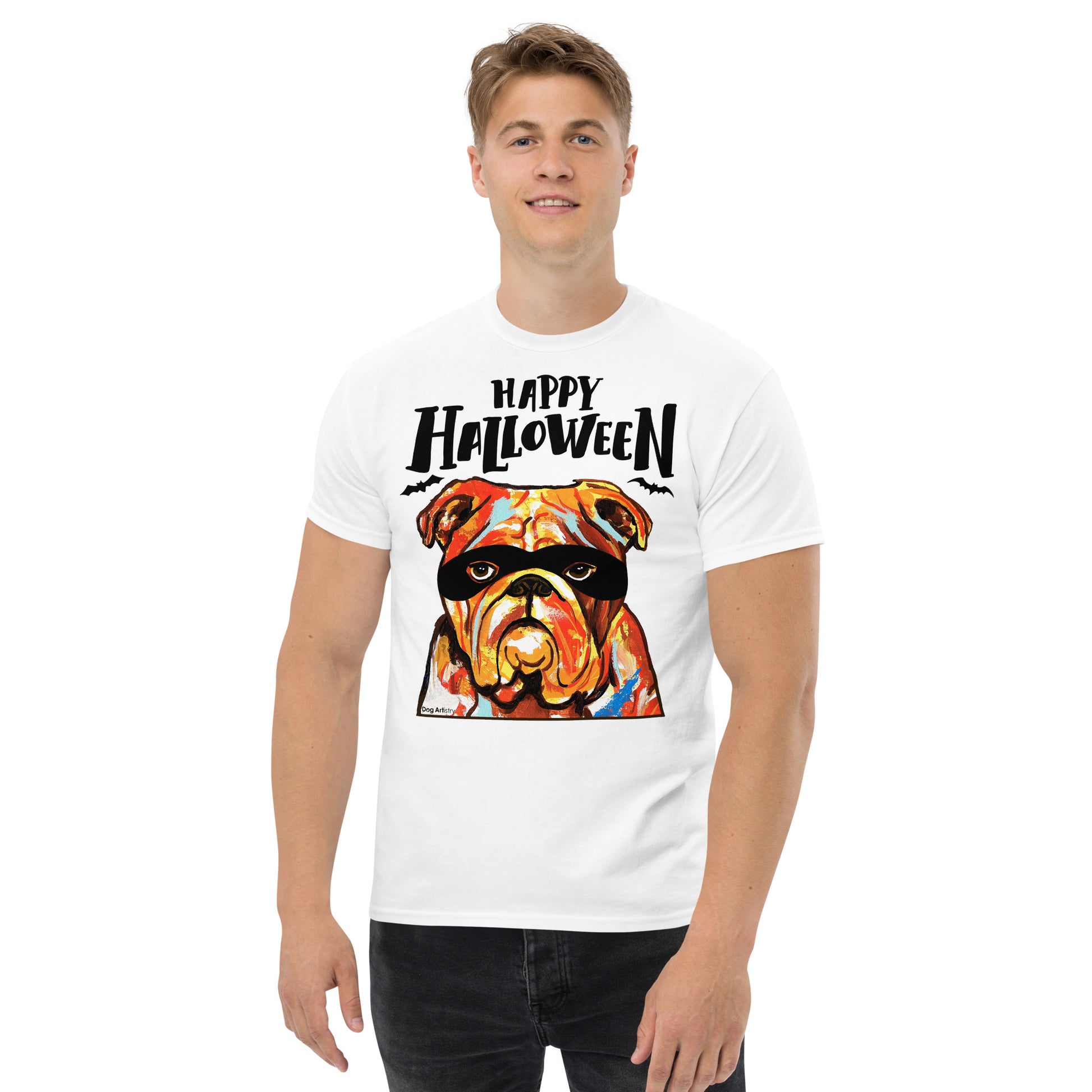 Funny Happy English Bulldog wearing mask men’s white t-shirt by Dog Artistry.