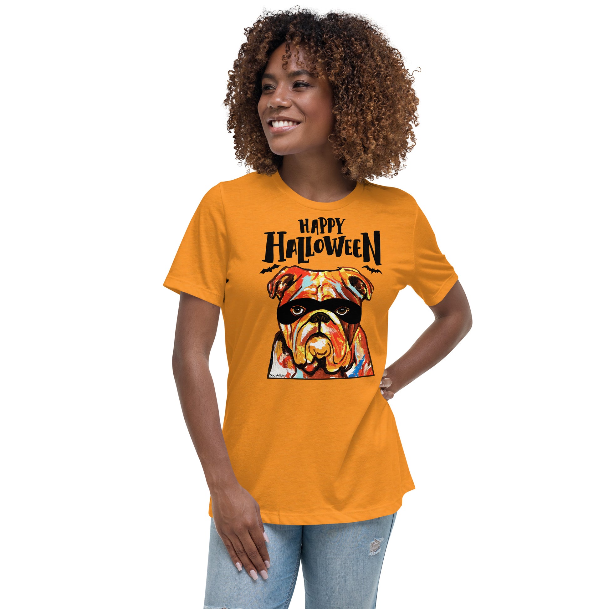 Funny Happy English Bulldog wearing mask women’s marmalade t-shirt by Dog Artistry.