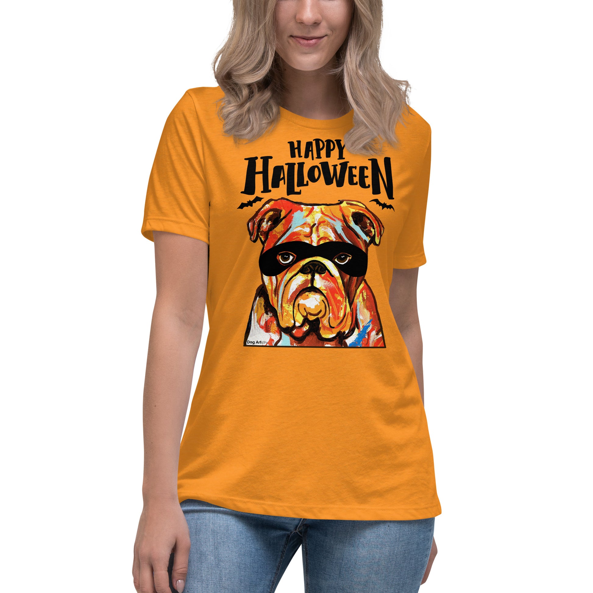 Funny Happy English Bulldog wearing mask women’s marmalade t-shirt by Dog Artistry.