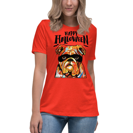 Funny Happy English Bulldog wearing mask women’s poppy t-shirt by Dog Artistry.