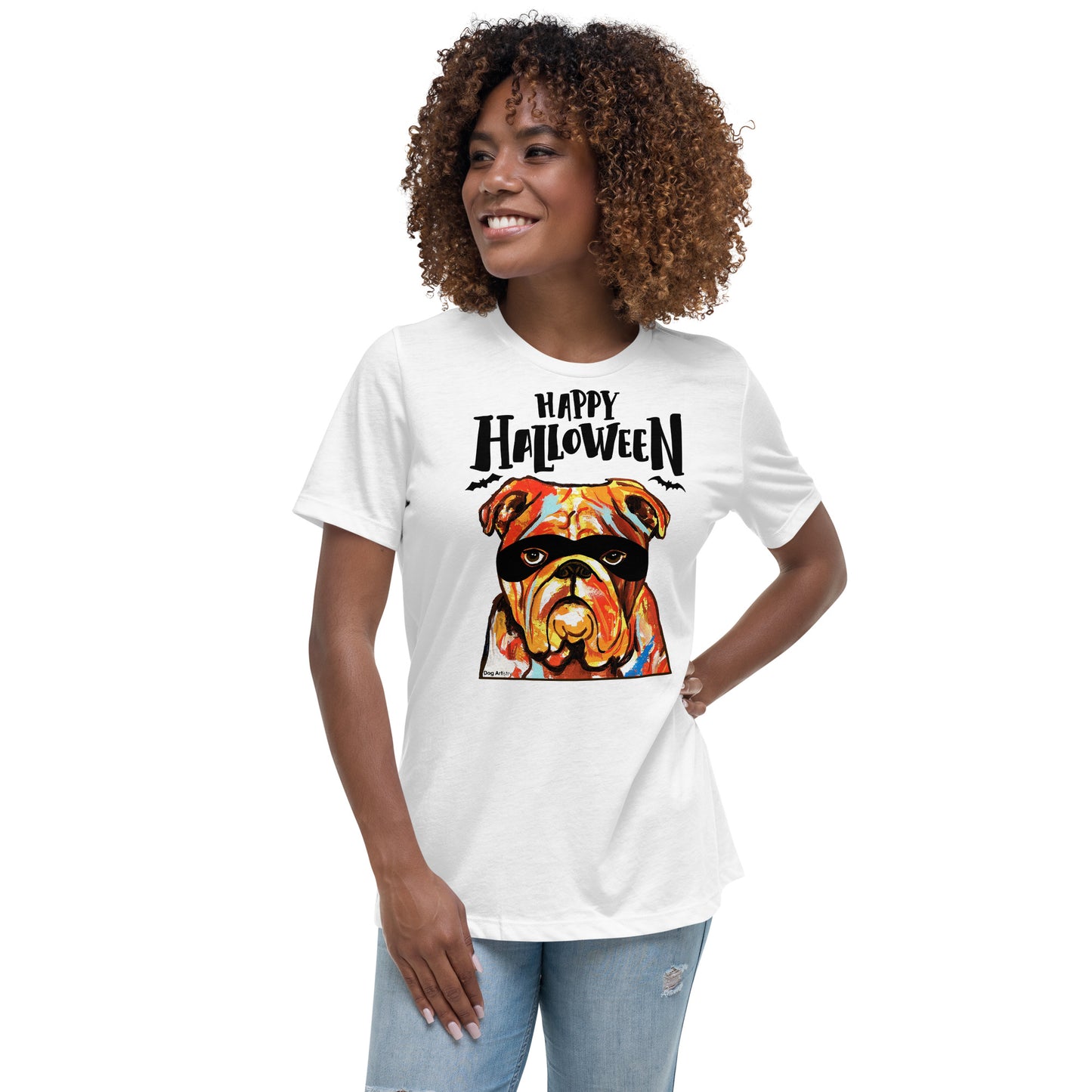 Funny Happy English Bulldog wearing mask women’s white t-shirt by Dog Artistry.