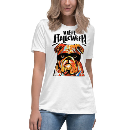 Funny Happy English Bulldog wearing mask women’s white t-shirt by Dog Artistry.