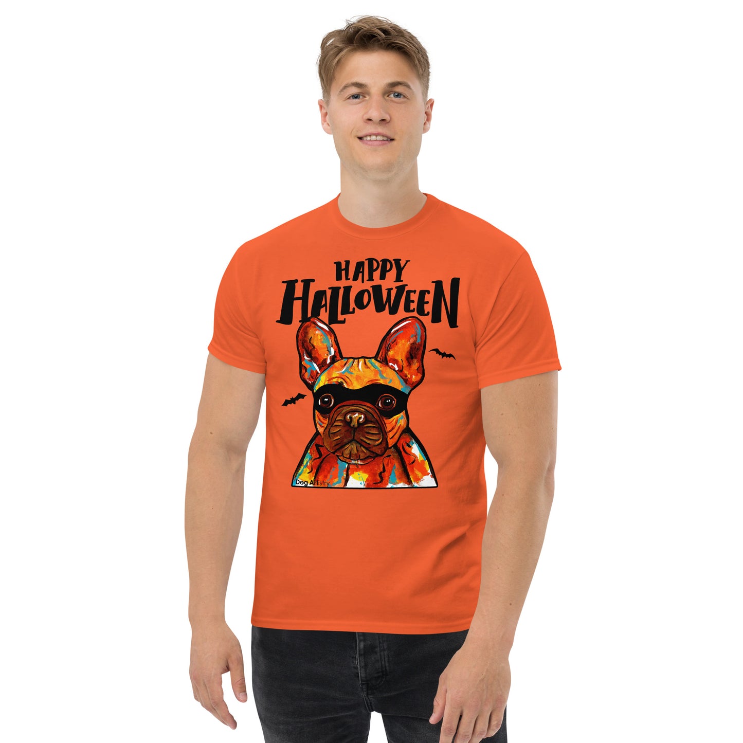 Funny Happy Halloween French Bulldog wearing mask men’s orange t-shirt by Dog Artistry.