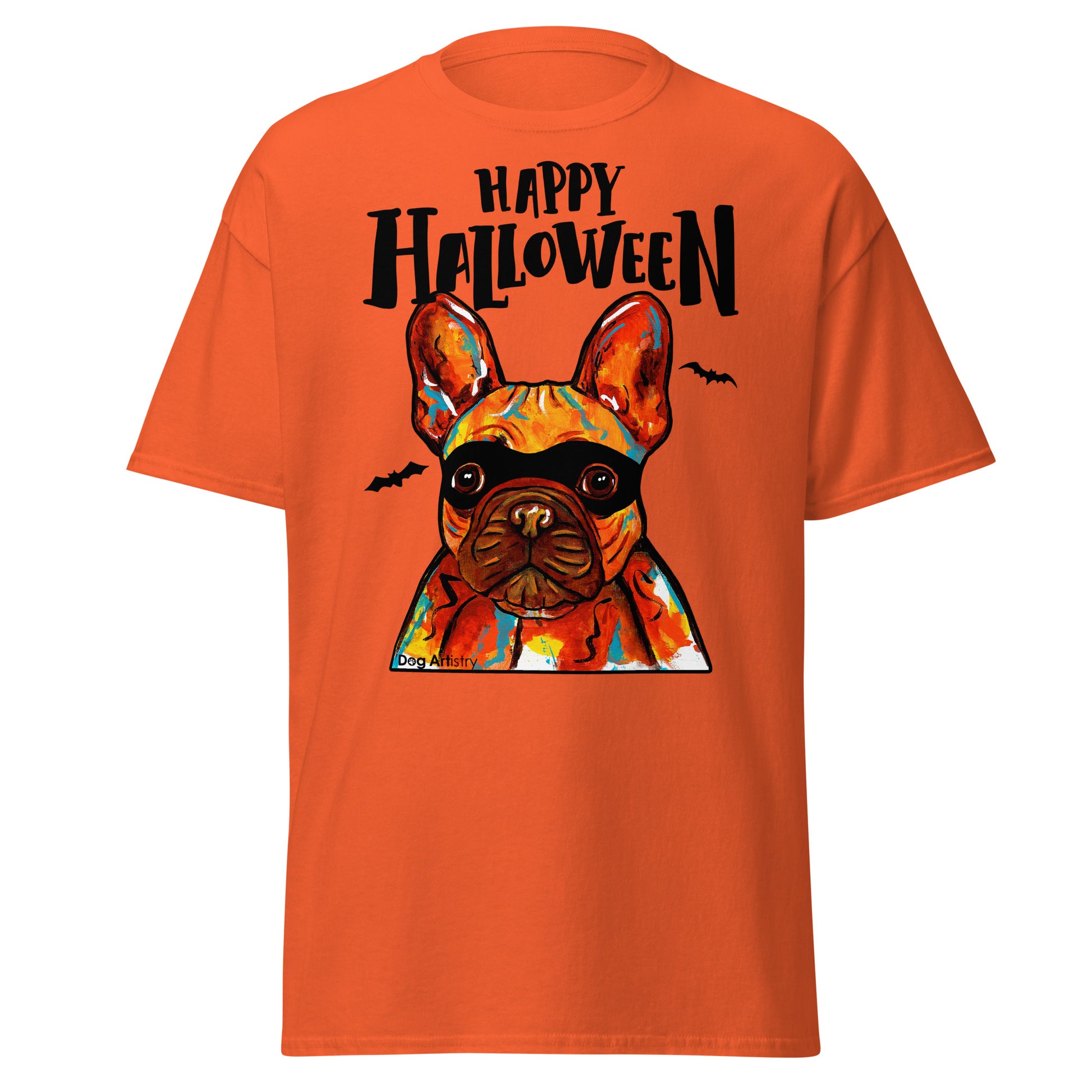 Funny Happy Halloween French Bulldog wearing mask men’s orange t-shirt by Dog Artistry.