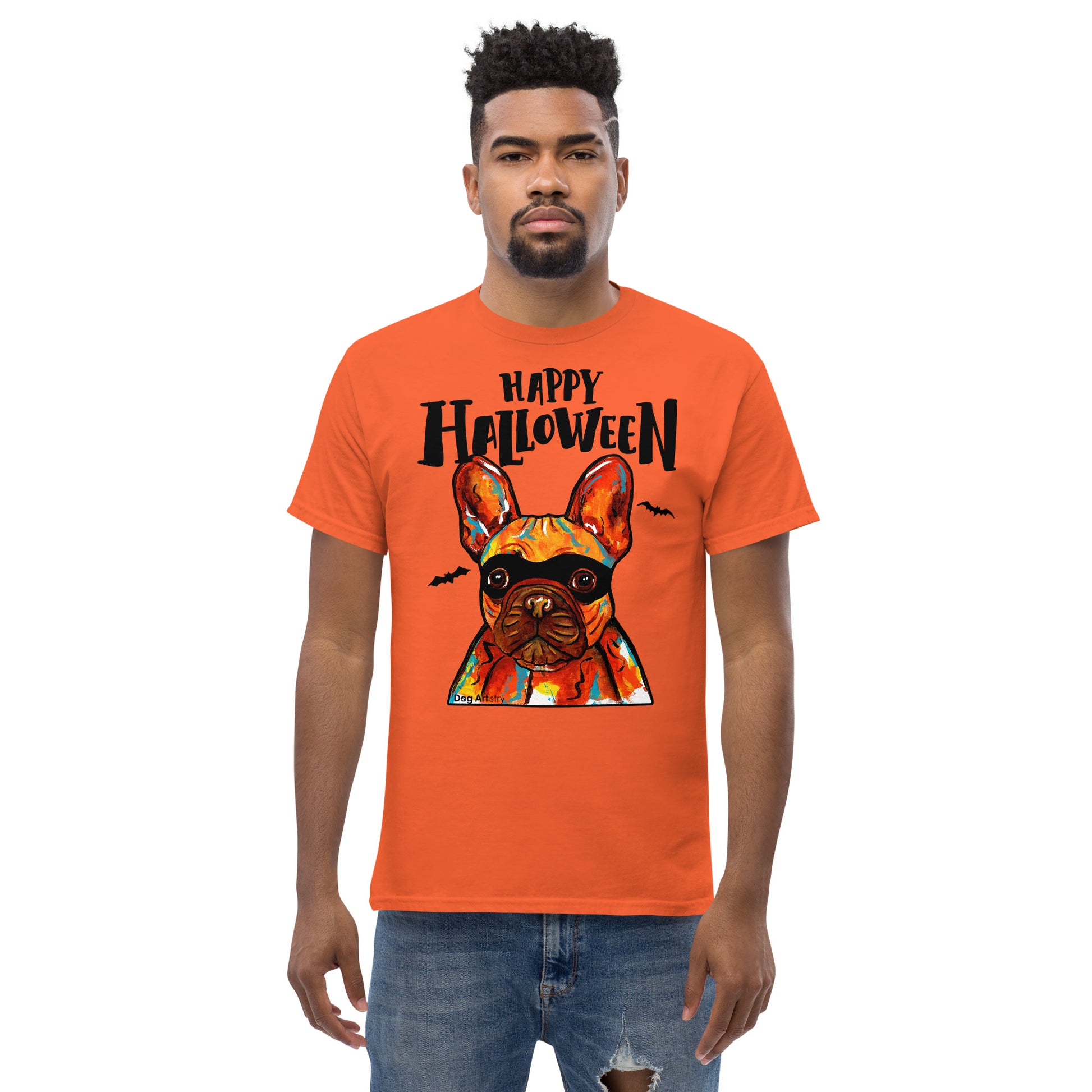 Funny Happy Halloween French Bulldog wearing mask men’s orange t-shirt by Dog Artistry.