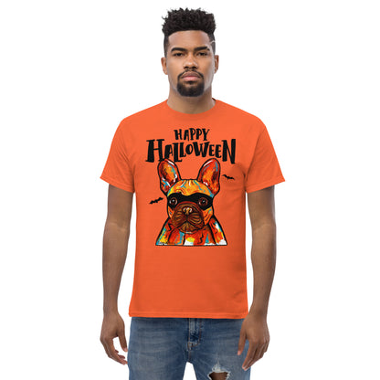 Funny Happy Halloween French Bulldog wearing mask men’s orange t-shirt by Dog Artistry.