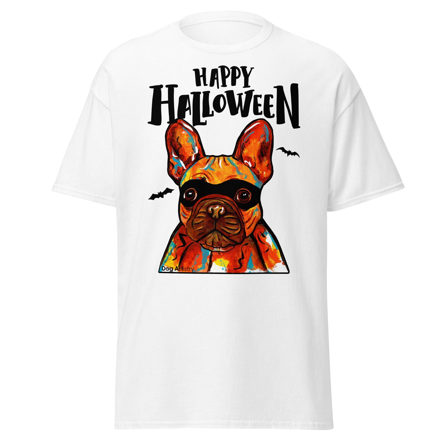 Funny Happy Halloween French Bulldog wearing mask men’s white t-shirt by Dog Artistry.