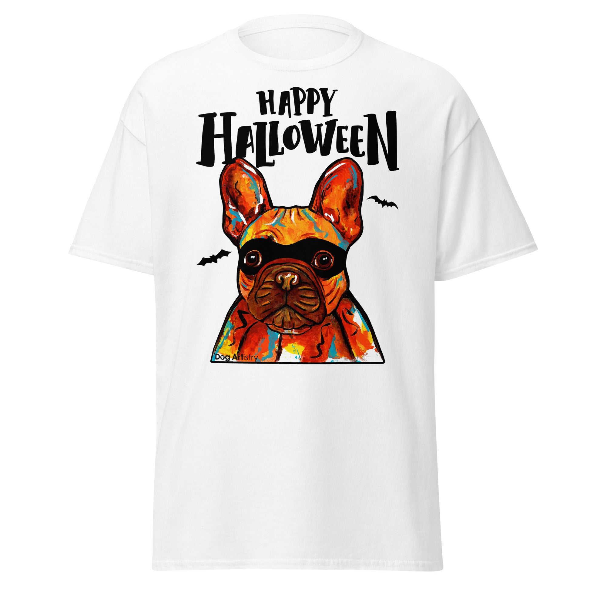 Funny Happy Halloween French Bulldog wearing mask men’s white t-shirt by Dog Artistry.