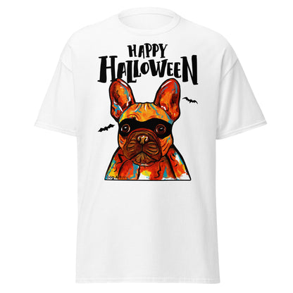 Funny Happy Halloween French Bulldog wearing mask men’s white t-shirt by Dog Artistry.