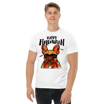 Funny Happy Halloween French Bulldog wearing mask men’s white t-shirt by Dog Artistry.