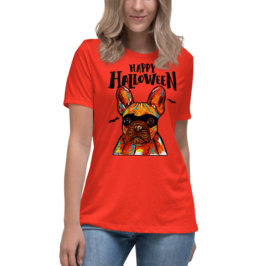 Funny Happy Halloween French Bulldog wearing mask women’s poppy t-shirt by Dog Artistry.