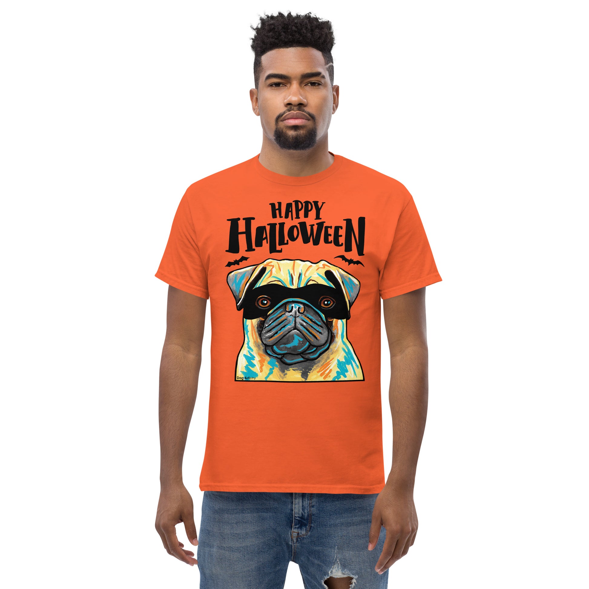 Funny Happy Halloween Pug wearing mask men’s orange t-shirt by Dog Artistry.
