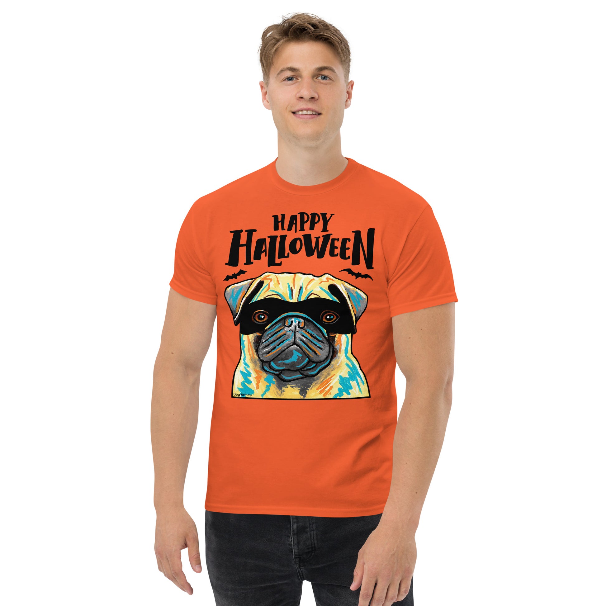 Funny Happy Halloween  Pug wearing mask men’s orange t-shirt by Dog Artistry.
