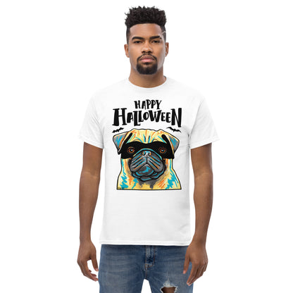 Funny Happy Pug Halloween wearing mask men’s white t-shirt by Dog Artistry.