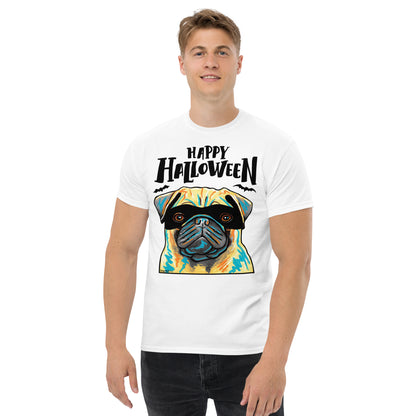 Funny Happy Halloween Pug wearing mask men’s white t-shirt by Dog Artistry.