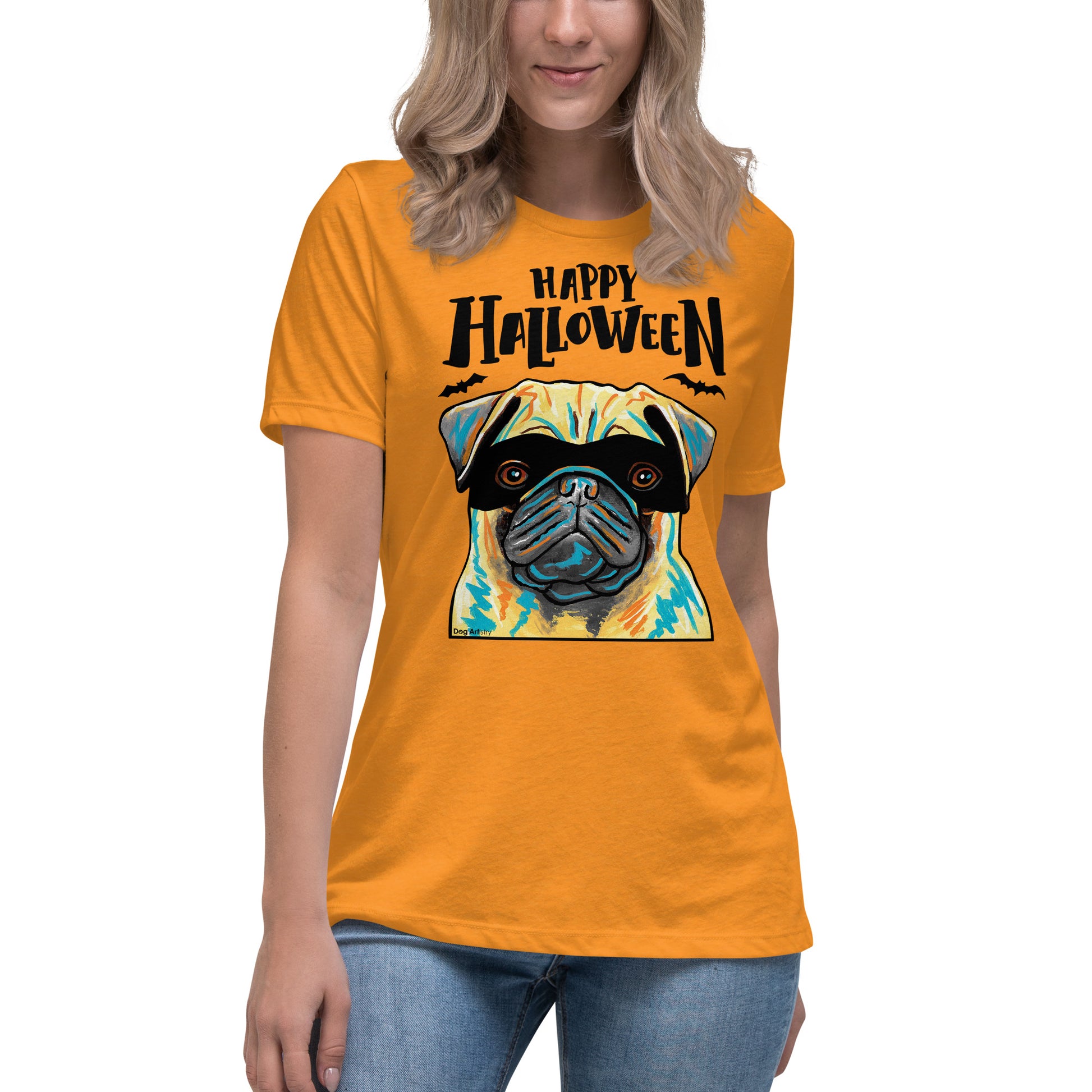 Funny Happy Halloween Pug wearing mask women’s marmalade t-shirt by Dog Artistry.