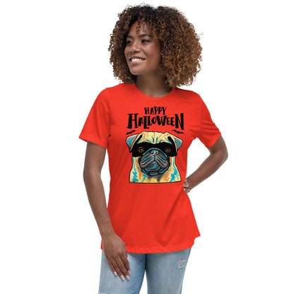 Funny Happy Halloween Pug wearing mask women’s poppy t-shirt by Dog Artistry.