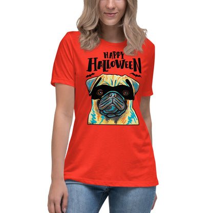 Funny Happy Halloween  Pug wearing mask women’s poppy t-shirt by Dog Artistry.