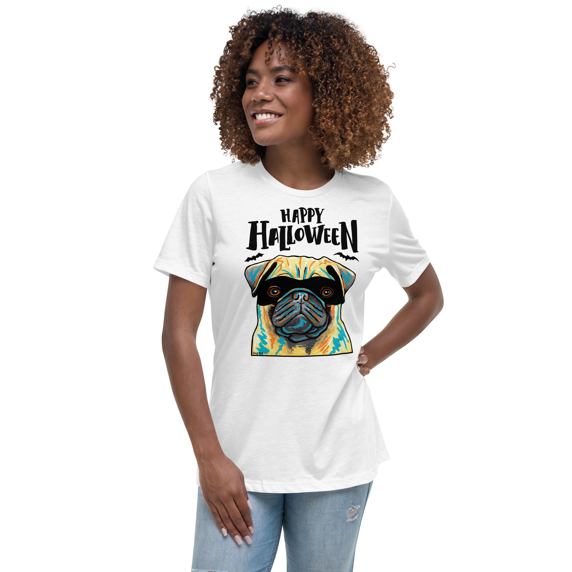 Funny Happy Halloween Pug wearing mask women’s white t-shirt by Dog Artistry.