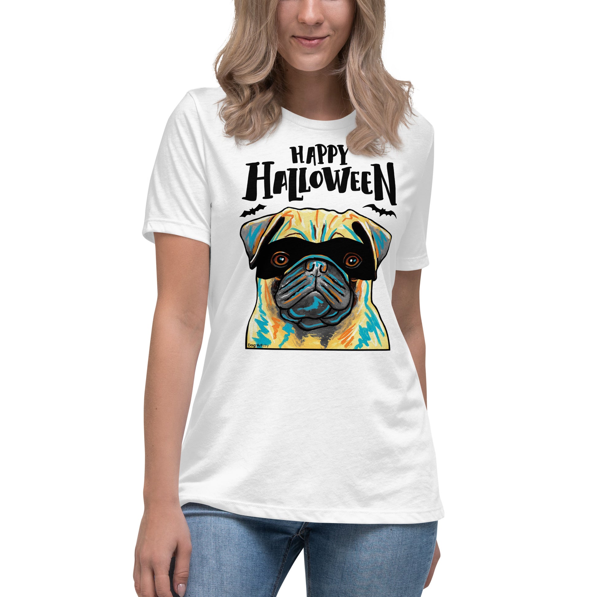 Funny Happy Halloween Pug wearing mask women’s white t-shirt by Dog Artistry.