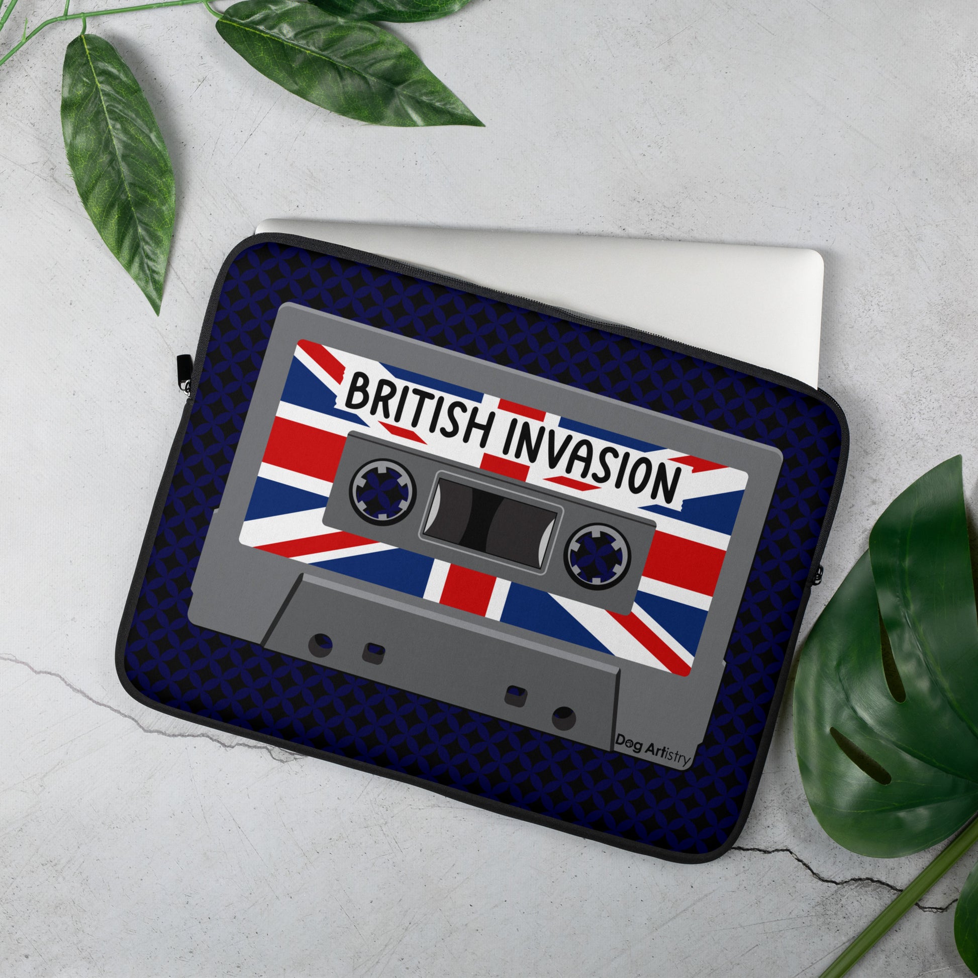 Cassette Tape British Invasion music with Union Jack flag on cassette laptop sleeve designed by Dog Artistry.