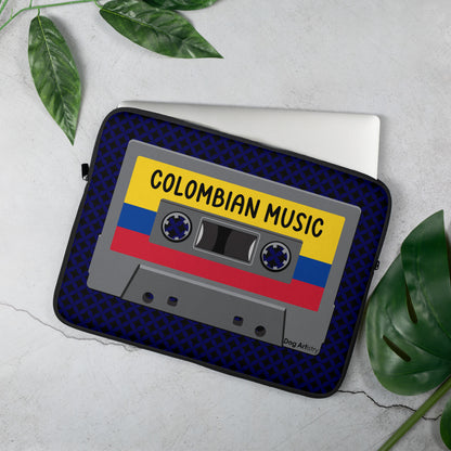 Cassette Tape Colombian music with Colombian flag on cassette laptop sleeve designed by Dog Artistry.