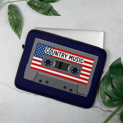 Cassette Tape Country music with American flag on cassette laptop sleeve designed by Dog Artistry.