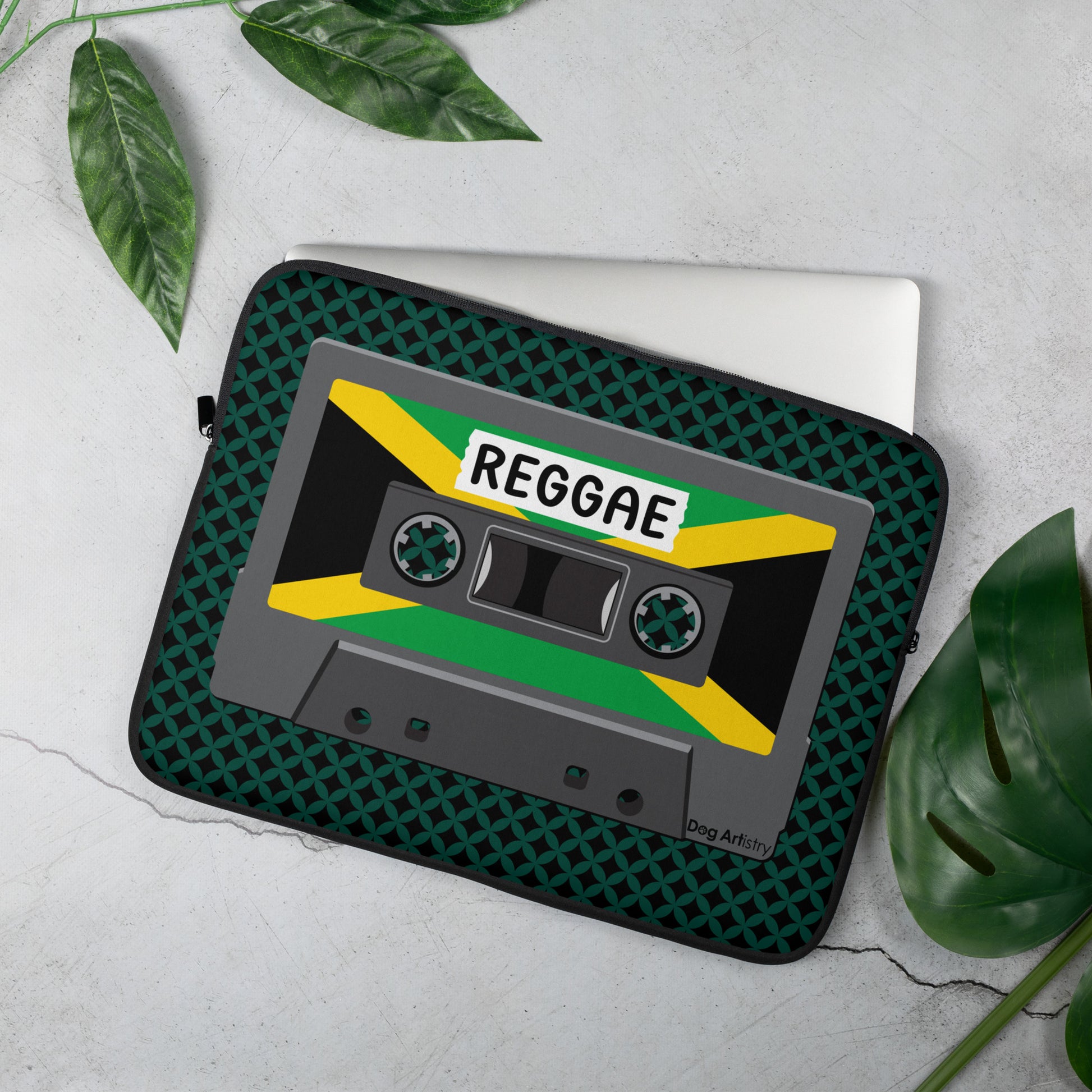 Cassette Tape Reggae music with Jamaican flag on cassette laptop sleeve designed by Dog Artistry.