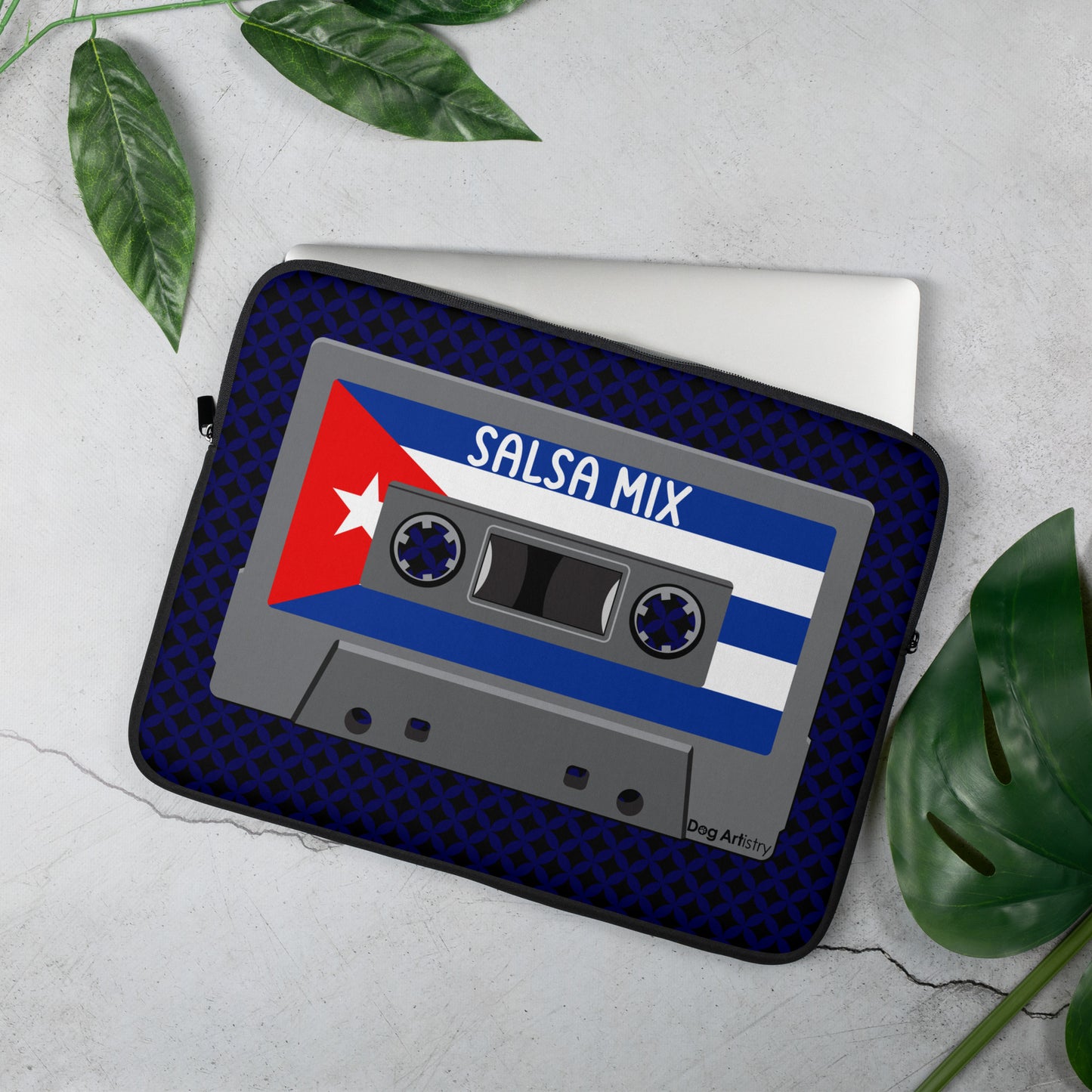 Cassette Tape Salsa music with Cuban flag on cassette laptop sleeve designed by Dog Artistry.