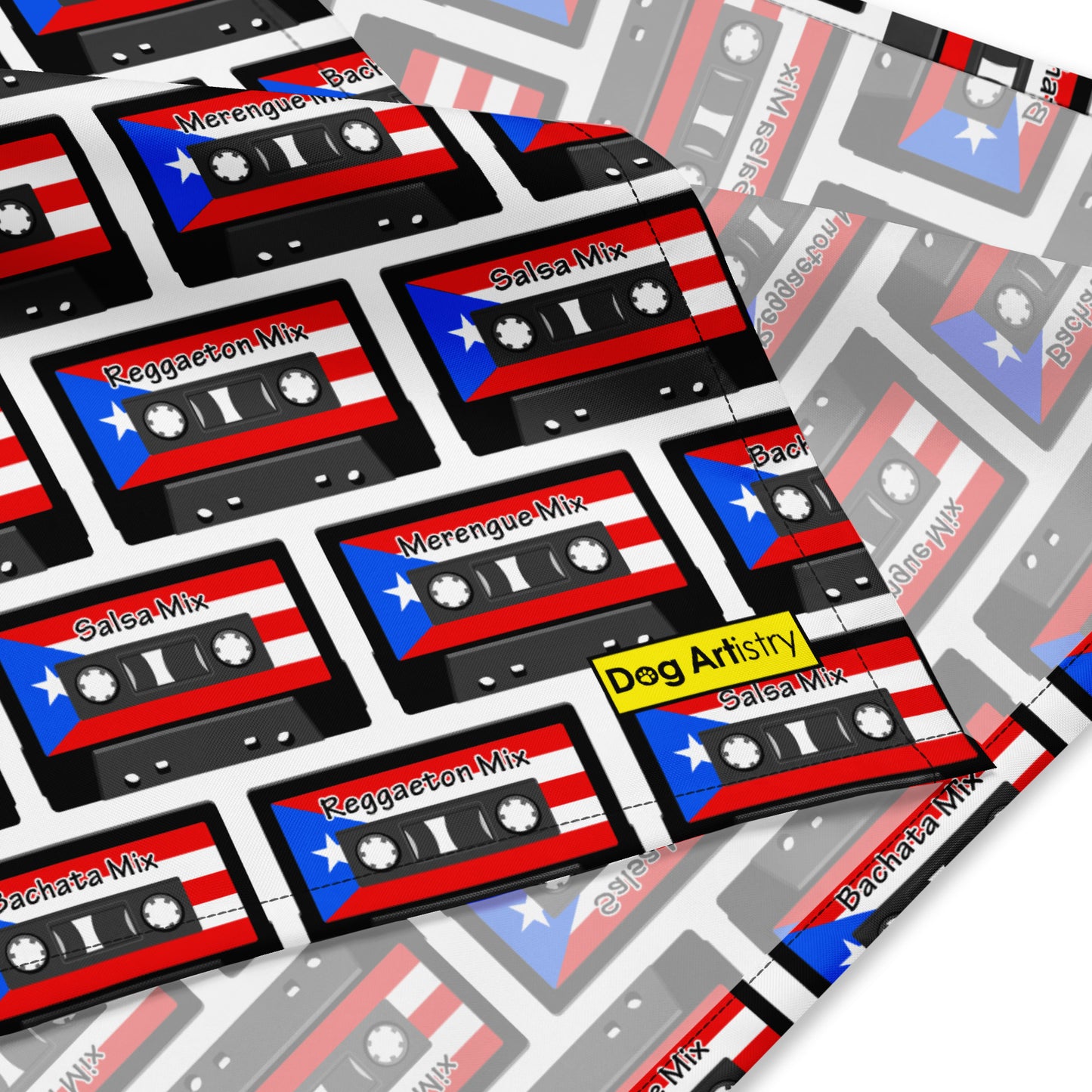 Reggaeton, Salsa, Merengue, Bachata music cassette tape with Puerto Rican flag bandana designed by Dog Artistry.